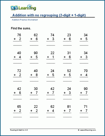 2 digit plus 1 digit addition no regrouping worksheets k5 learning