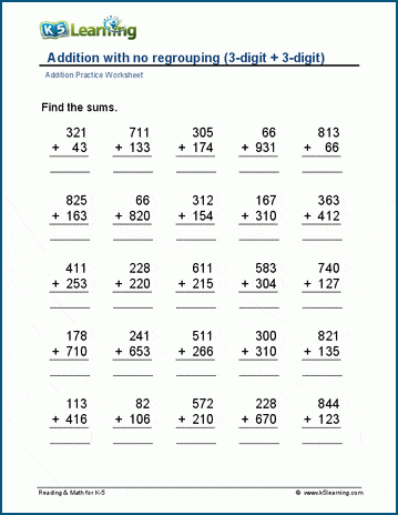 3 digit addition no regrouping worksheets k5 learning