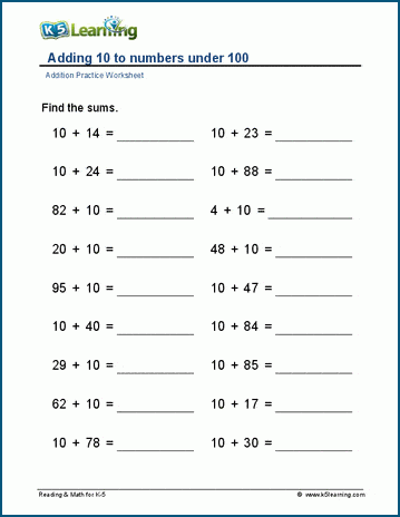 Adding ten to numbers under 100 worksheets | K5 Learning