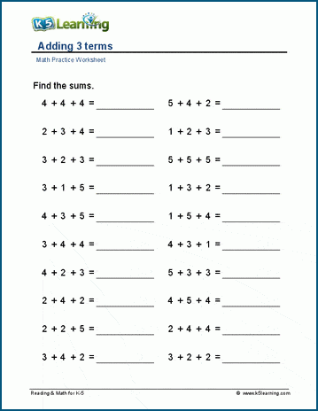 Adding 3 terms worksheets | K5 Learning