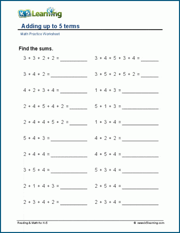 Adding up to 5 terms worksheets | K5 Learning