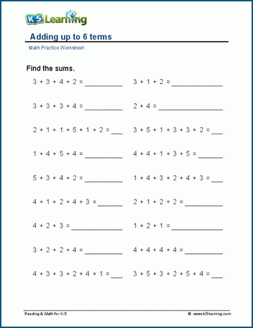 Adding up to 6 terms worksheets | K5 Learning