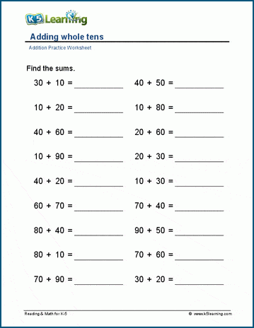 Adding whole tens worksheet