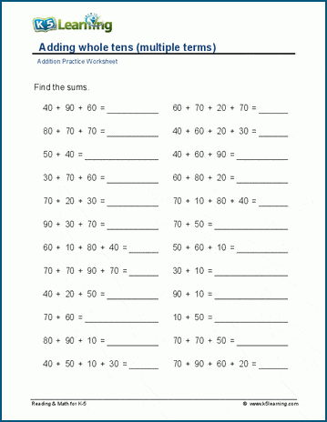 Adding whole tens (up to 4 terms) worksheets | K5 Learning