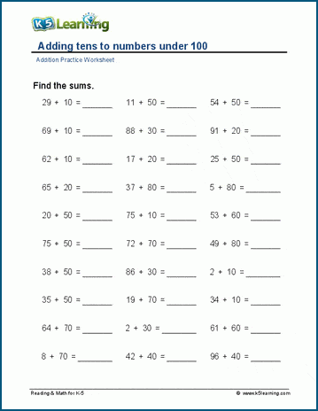 Adding whole tens to numbers worksheets | K5 Learning