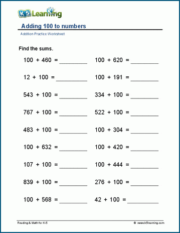 Adding 100 to numbers worksheets | K5 Learning