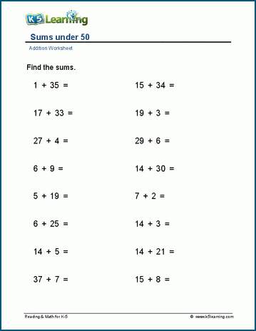 Sums under 50 worksheet