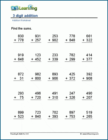 3 Digit Addition Worksheets For Class 2