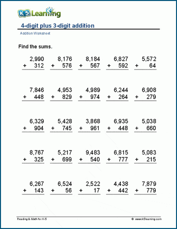 Addition in columns with regrouping worksheets