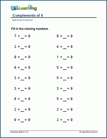 Complements of 9 worksheet