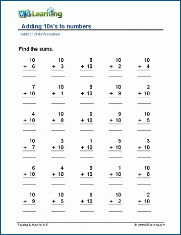 Adding 10's to numbers worksheets | K5 Learning