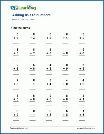 Adding 8's to numbers worksheet