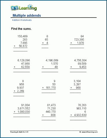 Adding 3 or more addends worksheets