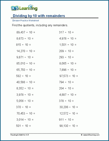 dividing by 10 and 100 problem solving