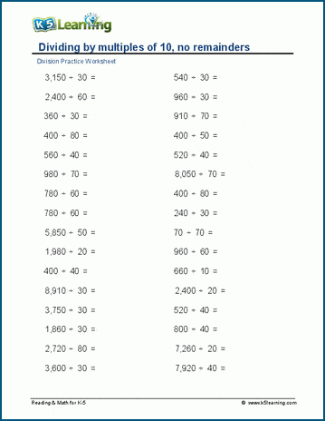 Dividing by multiples of 10, no remainders worksheets | K5 Learning