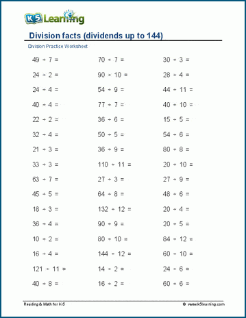 division facts with dividends to 144 worksheets k5 learning