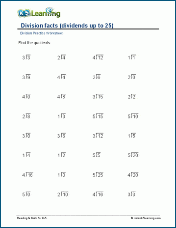 Division facts to 25, 36 & 64 (vertical) worksheet