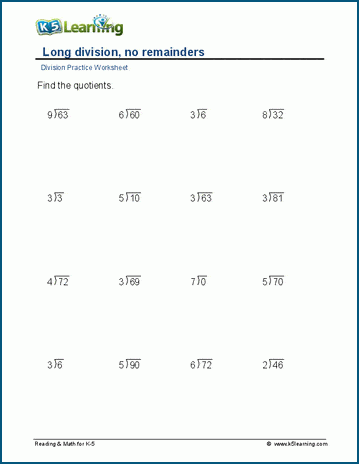 division no remainders 2 digit by1 digit worksheets k5 learning