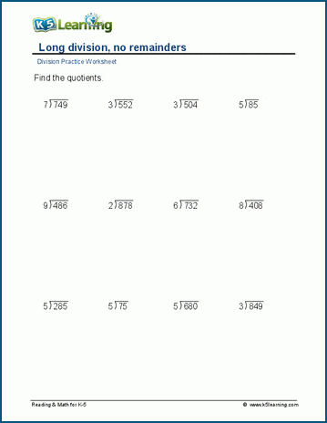 Division no remainders 3 digit by1 digit worksheets K5 Learning