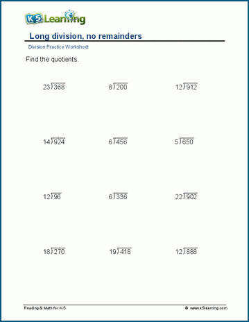long division no remainders 3 digit by 2 digit worksheets k5 learning