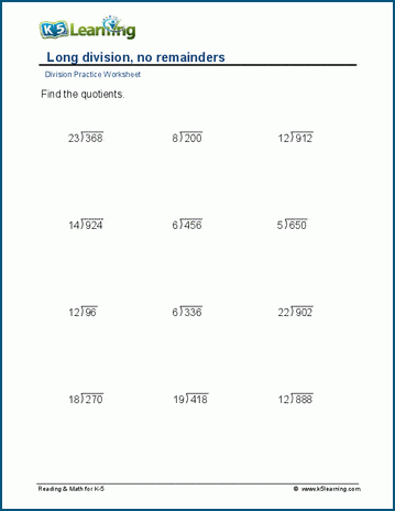 Long division no remainders 3 digit by 2 digit worksheets K5 Learning