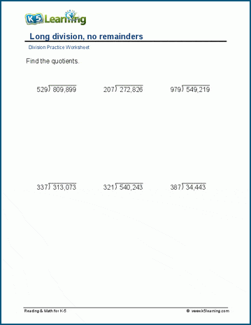 long division no remainders 6 digit dividend worksheets k5 learning