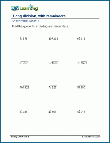 Long division remainders 3 digit by 2 digit worksheets K5 Learning