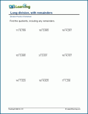 long division with remainders worksheets 4th grade