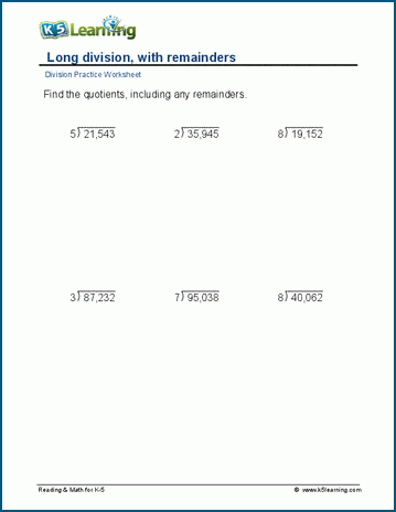 Long division, remainders, 5-digit by 1-digit worksheet