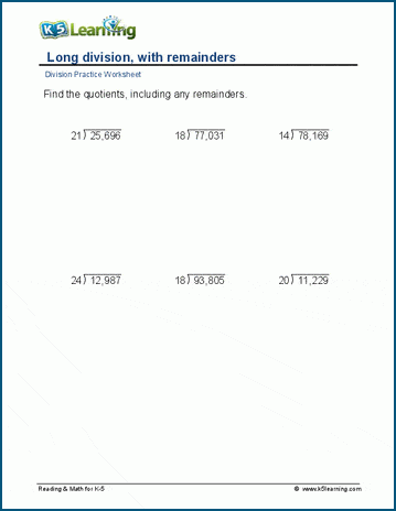 Long division, remainders, 5-digit by 2-digit worksheet