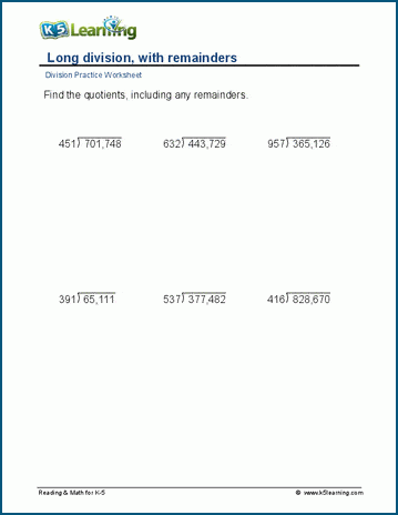 long division remainders 6 digit by 3 digit worksheets k5 learning