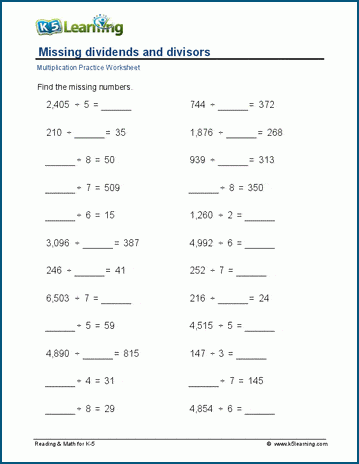 Missing divisor and dividends worksheet