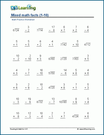 Mixed math facts (4 operations 1 10) worksheets K5 Learning