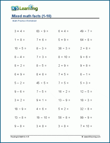 mixed math facts horizontal 1 10 worksheets k5 learning