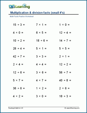 Multiply & divide within 10 (horizontal) worksheets | K5 Learning