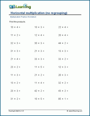 horizontal multiplication no regrouping worksheets k5 learning