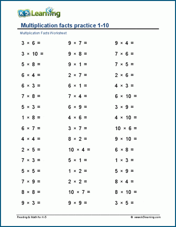 Multiplication facts 1-10 (horizontal) worksheets | K5 Learning