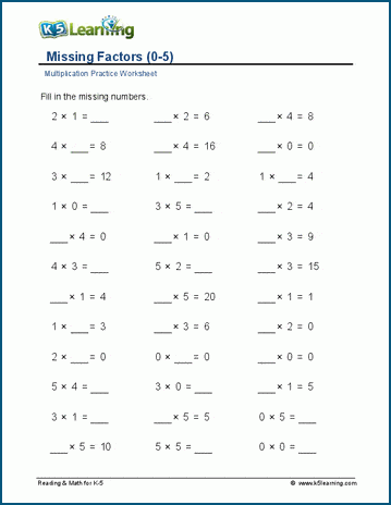 Missing factors up to 7 worksheet