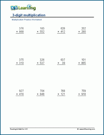 multiply 3 x 3 digits worksheets k5 learning