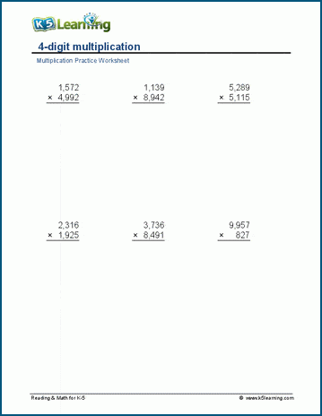 Multiply 4 x 4 digits worksheets | K5 Learning