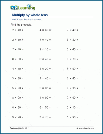 Multiplying by multiples of 10 worksheets | K5 Learning