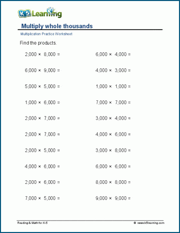 Multiply whole thousands worksheets K5 Learning