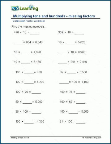 multiplying by whole tens and hundreds missing factor worksheets k5 learning