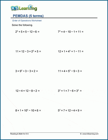 PEMDAS - 5 terms worksheet