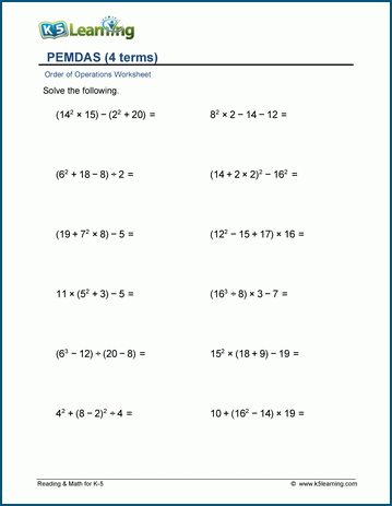 Sample order of operations worksheet