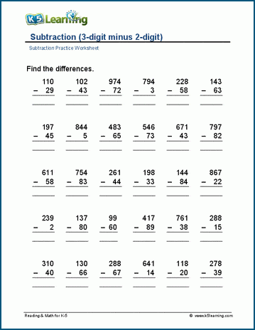 3-digit minus 2-digit worksheet