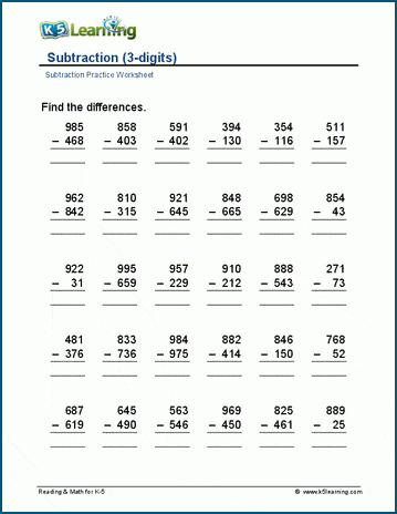 3-digit minus 3-digit worksheet