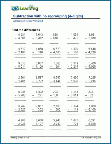 4-digit minus 4-digit (no regrouping) worksheet