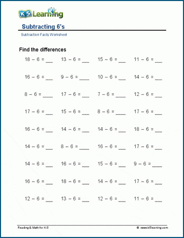 Subtracting 6's and 7's worksheets | K5 Learning