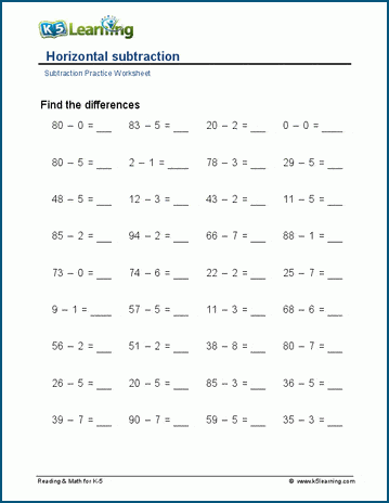 Horizontal subtraction worksheet